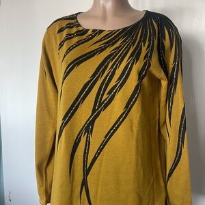 BOB MACKIE  Mustard Yellow  size SMALL SWEATER  with beaded Black Feather Print